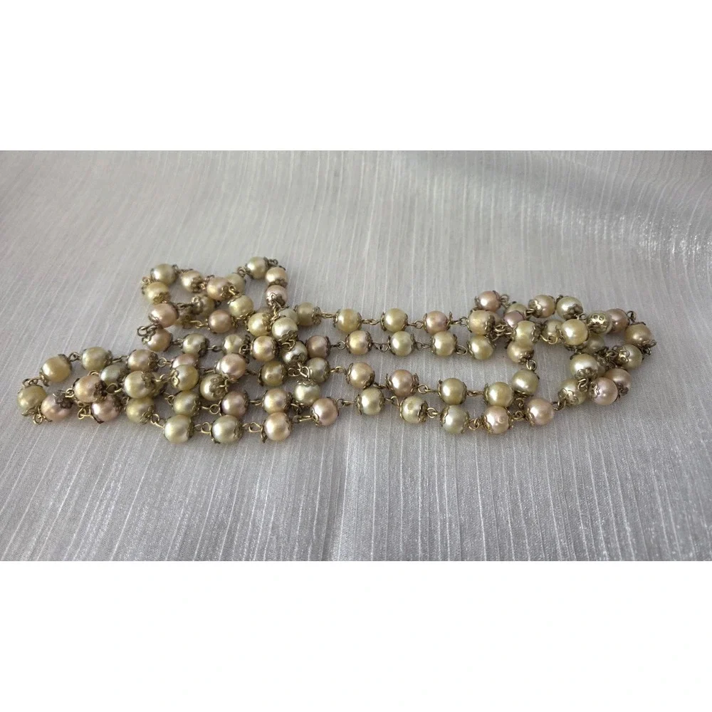 Vintage Faux Pearl Pastel Necklace‎ Beads Beaded Metal Gold Tone Bead Caps 49